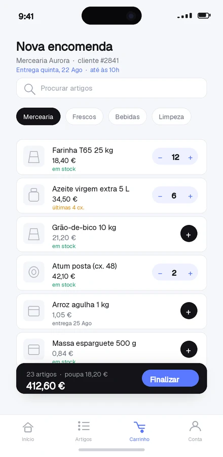 App ilustrativa de encomendas com carrinho e quantidades