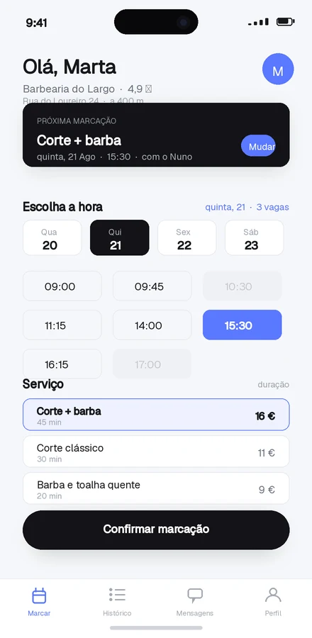 App ilustrativa de marcações com escolha de hora e serviço