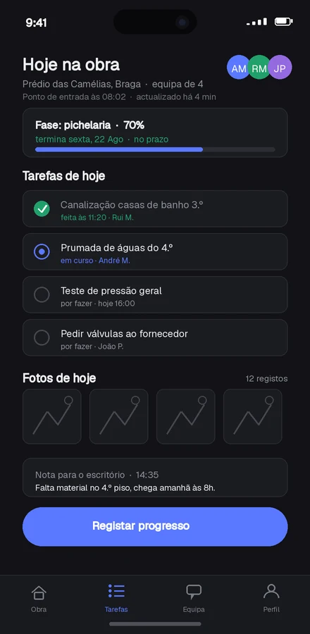 App ilustrativa de equipa de obra com tarefas do dia