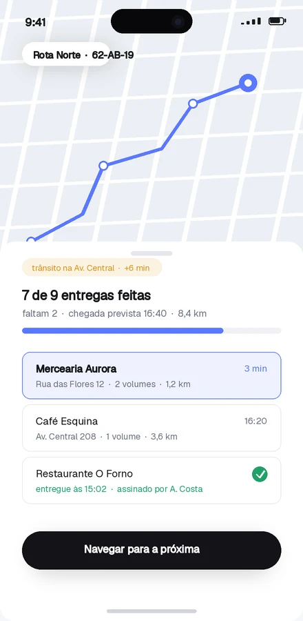 App ilustrativa de motorista com rota e paragens